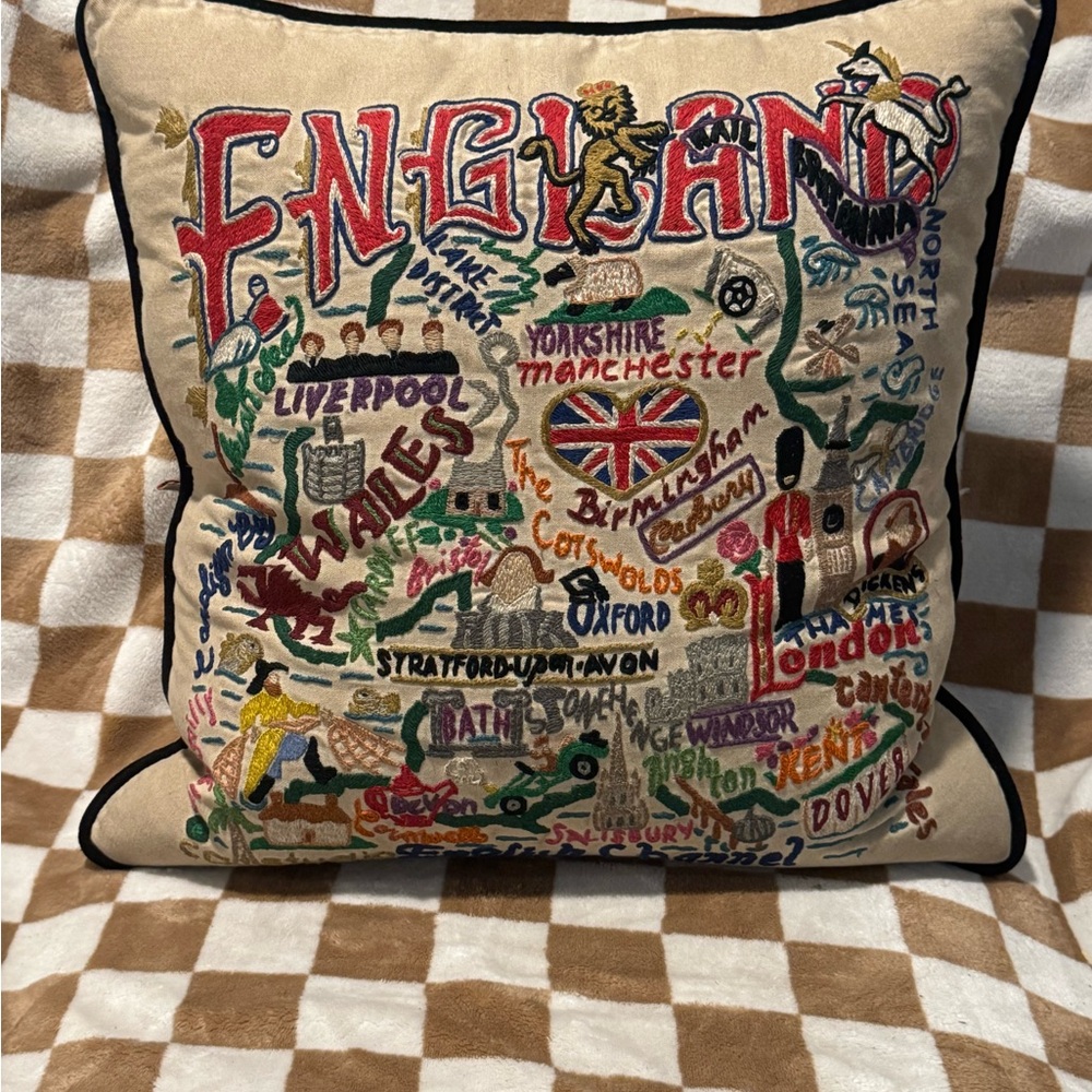 Embroidered England Map Throw Pillow